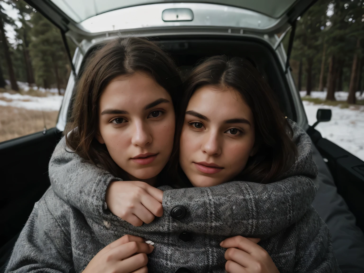 a young caucasian woman and a young caucasian man in sleeping bags inside trunk of car, top down view, (best quality,4k,8k,highres,masterpiece:1.2),ultra-detailed,(realistic,photorealistic,photo-realistic:1.37),portrait, adventure, camping, road trip, cozy interior, moody lighting, warm tones, cinematic, (detailed facial features:1.4), (detailed clothing and textures:1.3), dramatic shadows, sense of intimac, hyperrealistic