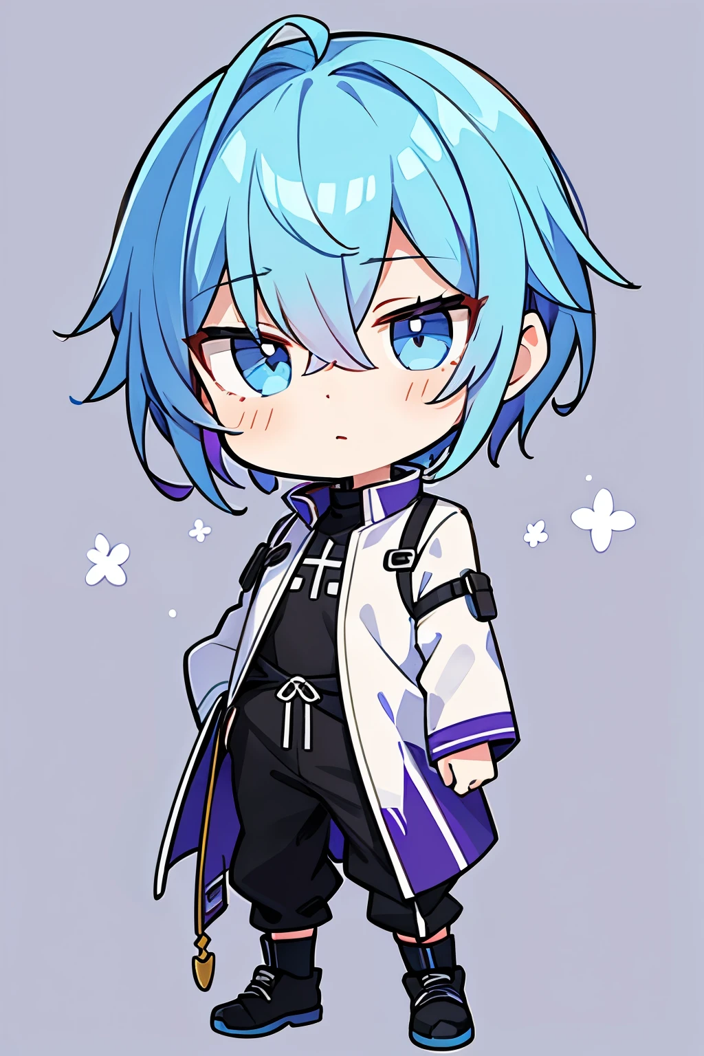 Chibi boy, androgynous face, purple and light blue hair, standing picture