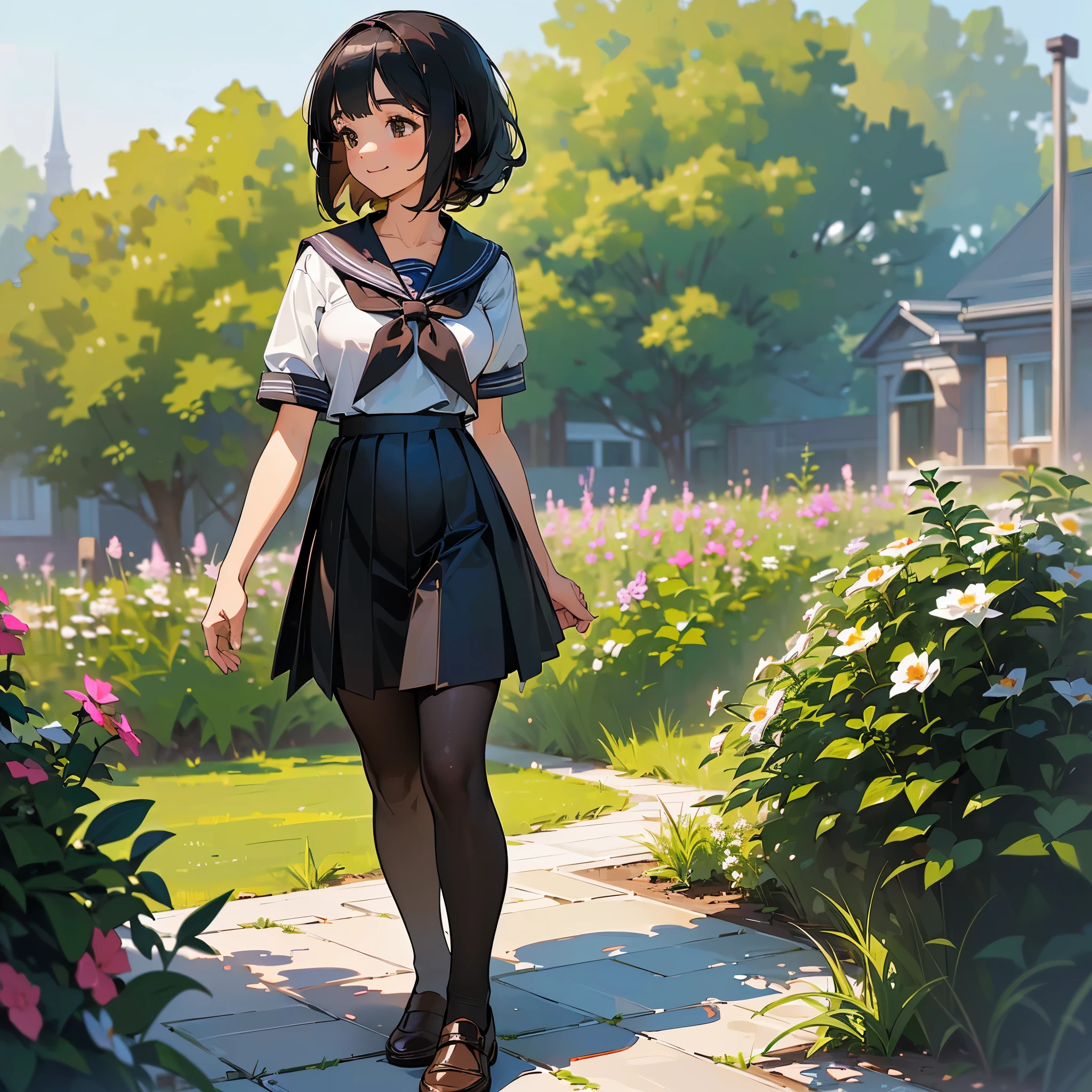 (highest quality, High resolution, Super detailed, Realistic:1.37), Peaceful atmosphere, (Outdoor, garden), Teenage girl standing alone,(my breasts are big.),Beautifully detailed features, Cute Smile, ((Black bob hair)),Short-sleeved sailor uniform, Pleated skirt,Black tights,Brown leather shoes.