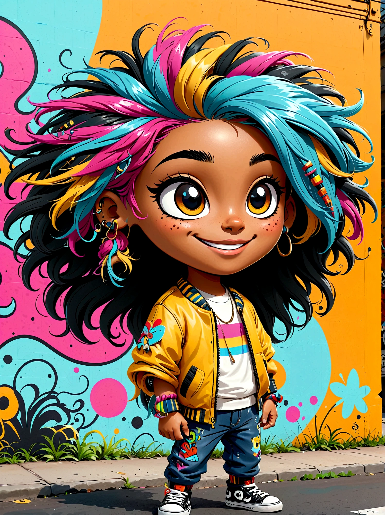 Graffiti style,Cartoon Characters,Vector illustration,1 little boy,side,Large and expressive eyes,Friendly Smile,Gorgeous clothes,Colorful hair,Dreadlocks,Unique and wild hairstyle,站在Graffiti style的背景前,Add whimsy to the scene