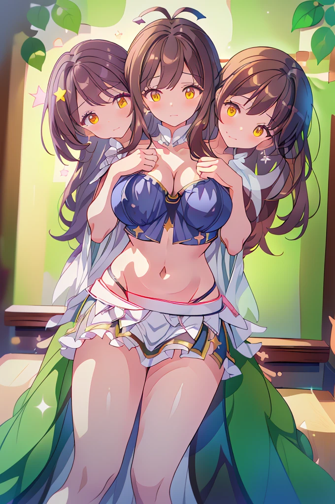 (masterpiece, best quality), best quality, (ultra-detailed), (3heads:1.5), 1girl, (star sapphire:1.3), masterpiece, best quality, ultra quality, ultra resolution, ultra detail, white top, crop top, ((stomach)), midriff, ((groin)), open midriff, white and blue skirt, miniskirt, normal ears, shackles, dark brown hair, very long hair, wavy hair, sidelocks, yellow eyes, detailed eyes, parted lips, fairy wings, sweat, cute, open belly, toned belly, hand on own chest, eyelashes, (24 year old woman:1.3), (masterpiece:1.5), (best quality:1.5), (beautiful detailed), extremely detailed CG, extremely delicate and beautiful, depth of field, (finely detailed face), (perfect details:1.2), (mature female:1.3), wide pelvis, slender, large veiny breast, 16k resolution, highres, high quality, high definition, extremely detailed, masterpiece, dark brown hair, long hair, alluring presence, braid, short skirt, miniskirt, close up, very big tits, huge tits, young, blue ribbon attached to the hair, butterfly-shaped wings, open belly, midriff, nsfw, bare stomach, girl with three heads,