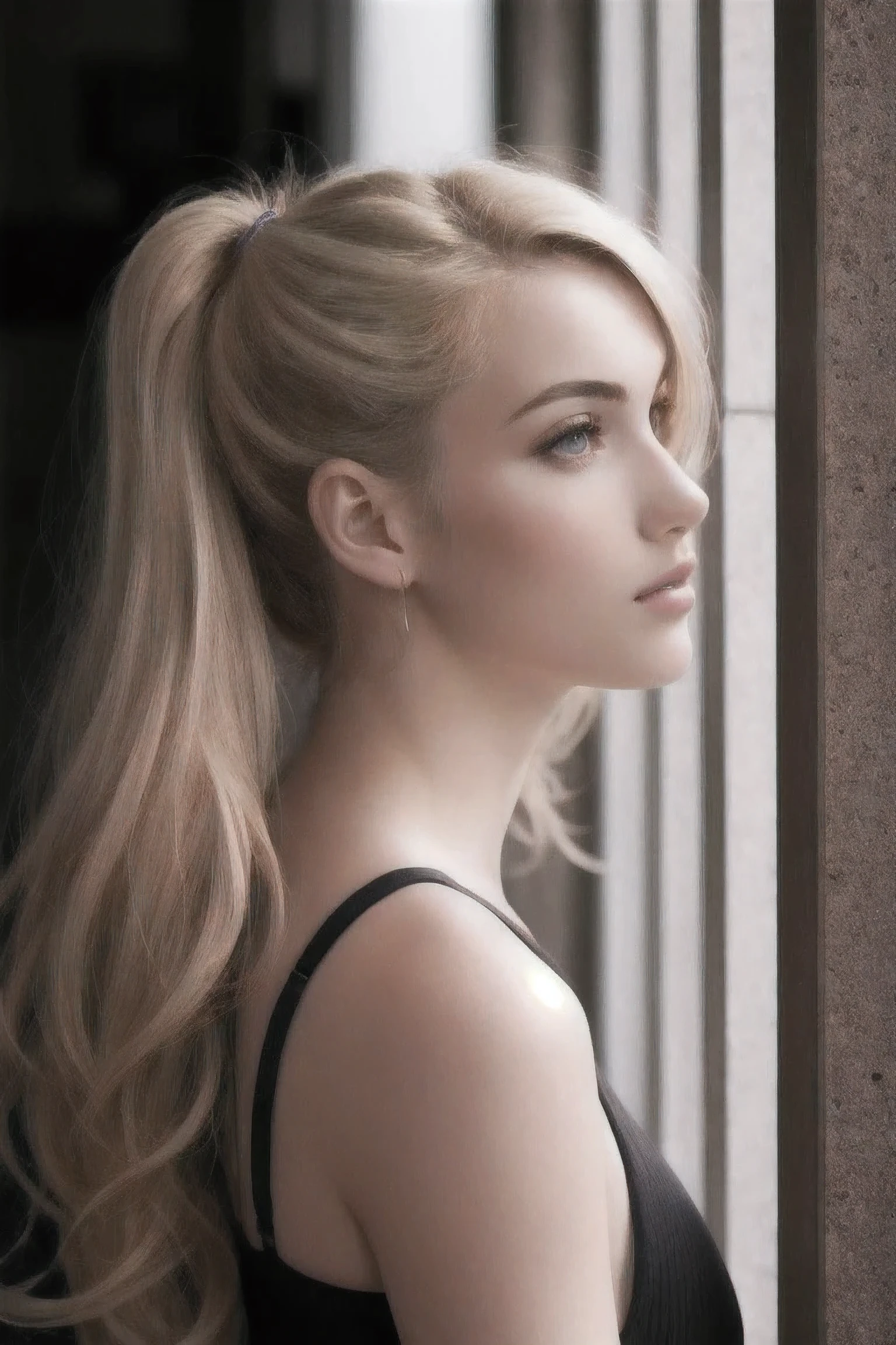 beautiful blonde woman facing forward looking directly forward