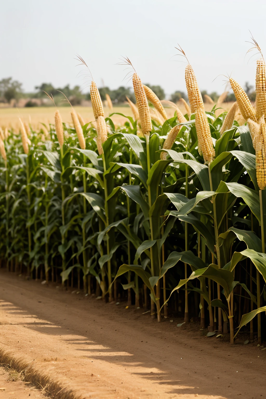 "Draw a large, healthy sorghum plant in the center with raindrops above it to show it grows well with little rain. Around the plant, draw symbols for vitamins and minerals. In the background, include a simple outline of Somalia and a smiling farmer holding sorghum grains. Optionally, draw smaller maize (corn) and rice plants nearby to show the difference. Label the sorghum plant with 'Drought-resistant' and 'Nutritious' to highlight its benefits."