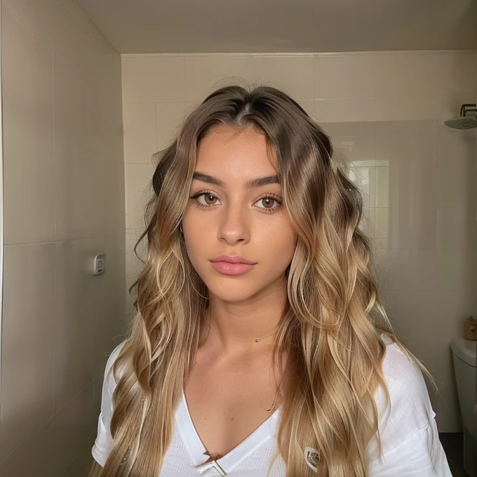 italiana hermosa from 17 years brasileira old, brown blonde ,rostro angelical y tierna , long hair hairstyle Semi updo with braid and thick waves blonde with light roots , in the bathroom with clothes ,(( foto realista de noche), ((pechos normales )),((rostro angelical)),((foto entera de cuerpo con ropa ),((blonde hair with roots )), ((ropa de noche), cabello rubio ,Ojos castanhos escuros , cuerpo completo ,Realista, un muy elegante, of roots, rubia pelo, con ropa ,de noche,LUT de Instagram, from 17 years old.