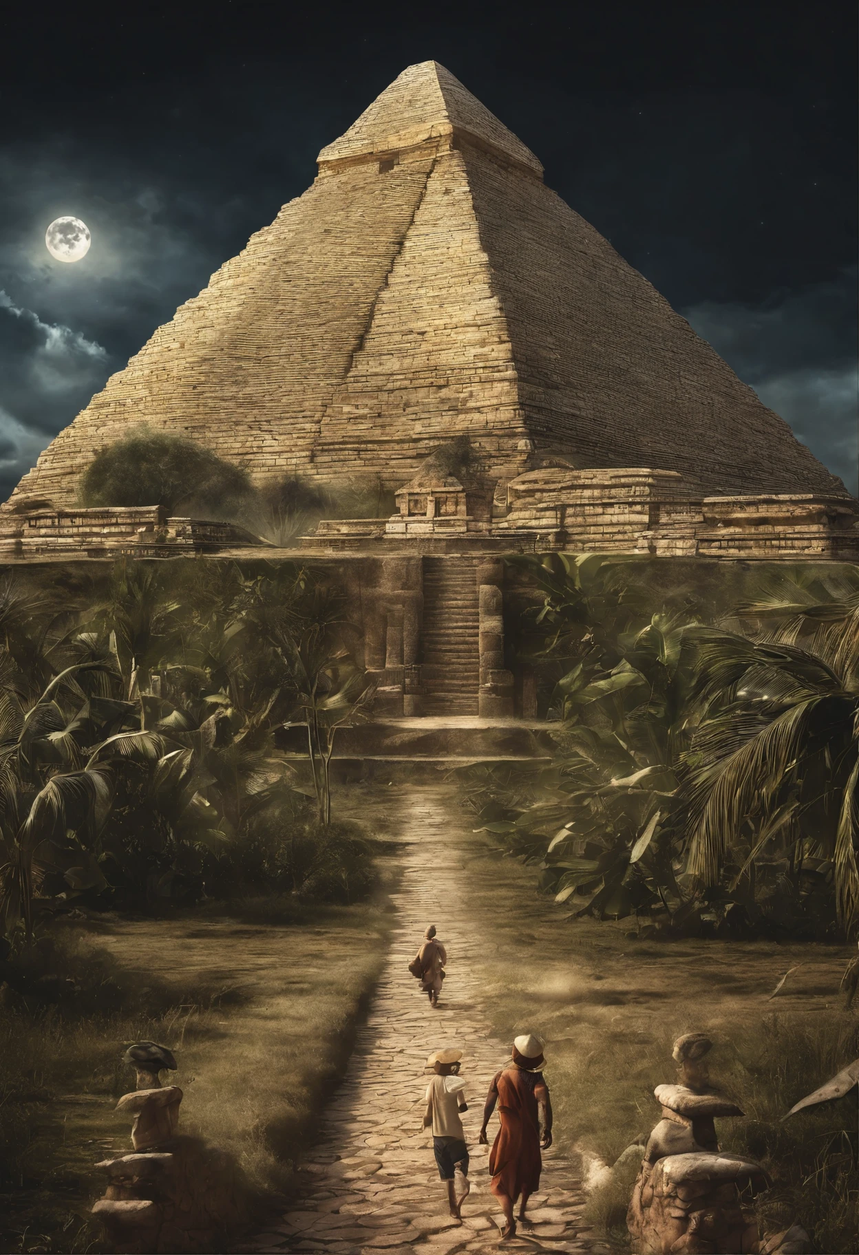 Mayapan pyramid with a field of corn ears and a path leading to the pyramid. In front of the image a maiden, an angel and a man playing with a nightingale and in the sky the full moon, el cielo cubierto de estrellas y sobresaliendo la constelacio de geminis