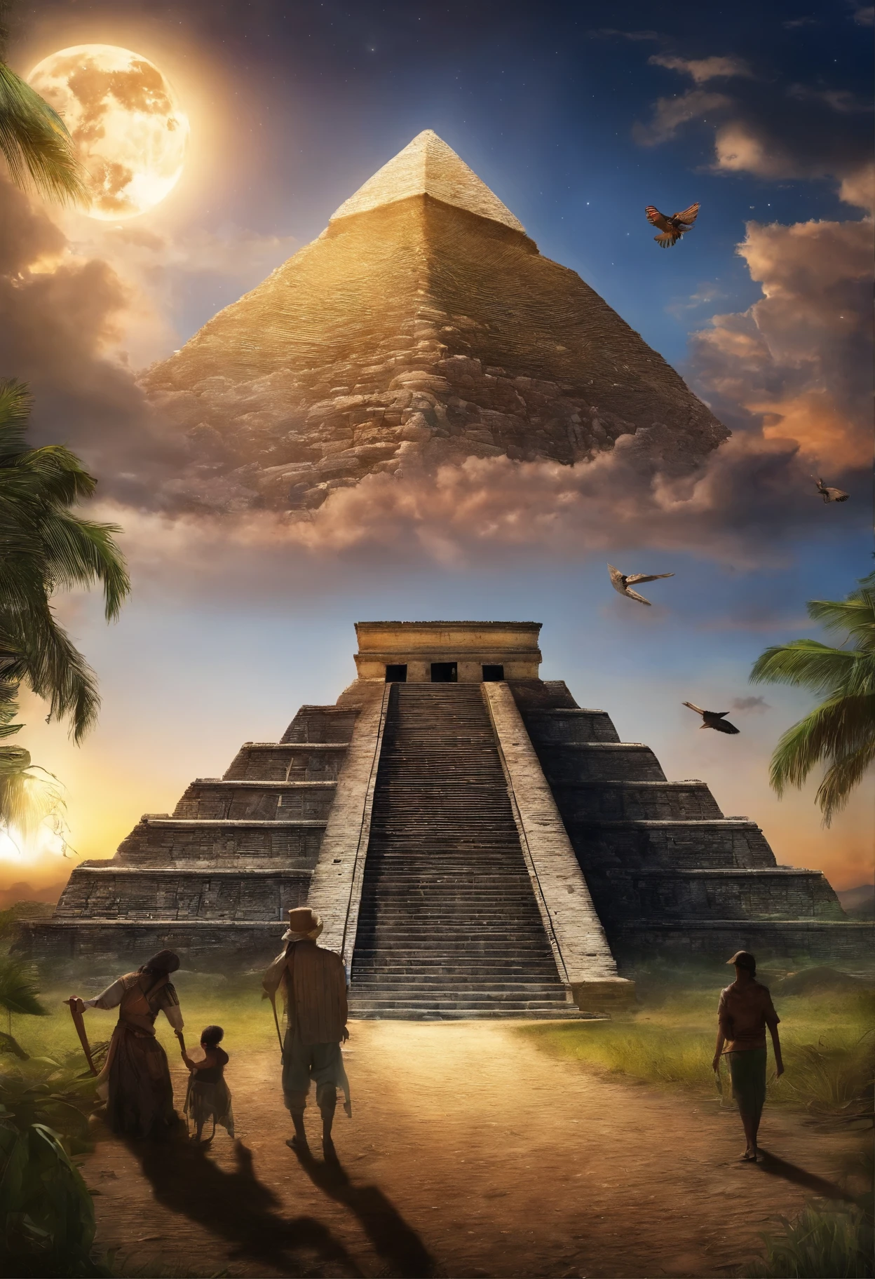 Mayapan pyramid with a field of corn ears and a path leading to the pyramid. In front of the image a maiden, an angel and a man playing with a nightingale and in the sky the full moon, el cielo cubierto de estrellas y sobresaliendo la constelacio de geminis