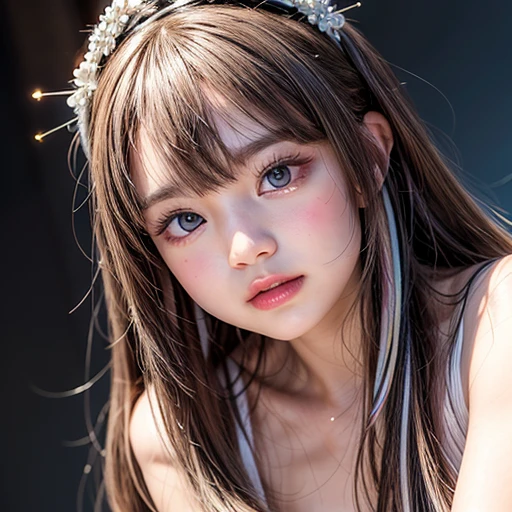 NSFW, 8k, High-level, absurd, masterpiece, best quality, primitive, very detailed CG, very detailed wallpaper, perfect lighting, Extremely detailed (((The personifying " Riho Yoshioka " as a  Girl))), MysticSight, Tyndall effect, Tyndall scattering, Studio gray background with (many Dazzling RainbowColor particles BokeH:1.28), (RoundlyButts, ThighGap), (Exposed:0.4), (Assfocus with looking ahead), BREAK (NOGIZAKA face variations) Extremely Detailed very KAWAII face variations, perfect anatomy, Childish, captivating gaze, elaborate detailed Eyes with (sparkling highlights:1.28), long eyelashes、Glossy RED Lips with beautiful details, Coquettish tongue, Rosy cheeks, Radiant PearlSkin with clear transparency . { (Dynamic LifeLike expressions:1.4) | :d) }, (large eyes:-1) .