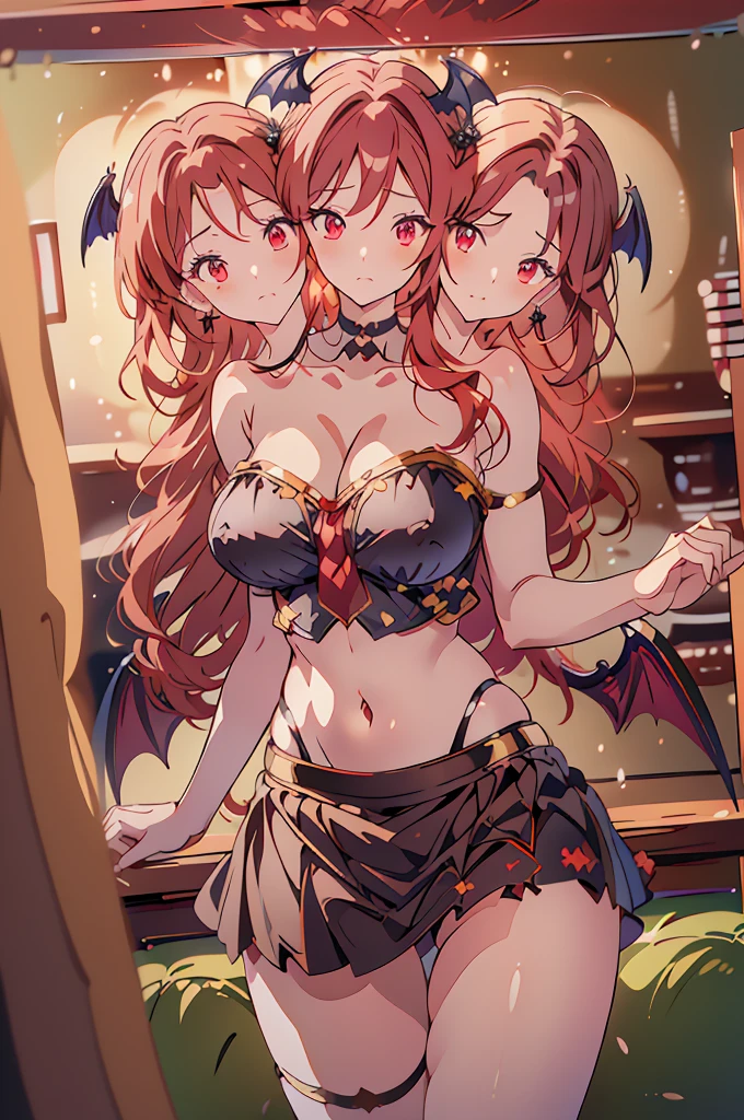(masterpiece, best quality),best quality, (ultra-detailed), (3heads:1.5), 1girl, (koakuma:1.3), masterpiece, best quality, ultra quality, ultra resolution, ultra detail, white and black top, crop top, ((stomach)), midriff, ((groin)), black skirt, normal ears, shackles, red hair, very long hair, wavy hair, sidelocks, red eyes, parted lips, open belly, sweat, cute, toned belly, hand on own chest, eyelashes, (24 year old woman:1.3), (masterpiece:1.5), (best quality:1.5), (beautiful detailed), extremely detailed CG, extremely delicate and beautiful, depth of field, (finely detailed face), (perfect details:1.4), (mature female:1.3), wide pelvis, slender, large veiny breast, 16k resolution, highres, high quality, high definition, extremely detailed, masterpiece, red hair, long hair, alluring presence, braid, short skirt, close up, very big tits, huge tits, young, bat wings, demon girl, demon tail, demon wings, head wings, girl with three heads, three headed girl,