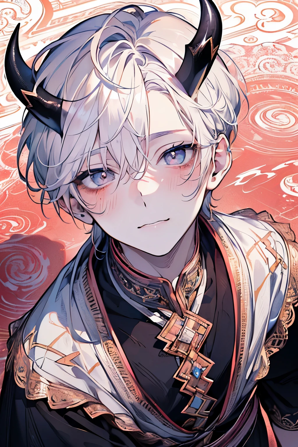 ,(((male:1.3))),((lightning hair:1.3)),(Shiny marble eyes:1.45),(forehead mark),(NSFW:1.15),((Devil horns:1.2)),(A lustrous, soft face:1.4),((blush、Excited face:1.2)),(Looking up:1.5),((POP and cute animal footprint background:1.25)),((Gorgeous Arabian costume:1.3)),(hand to own cheek:1.2)