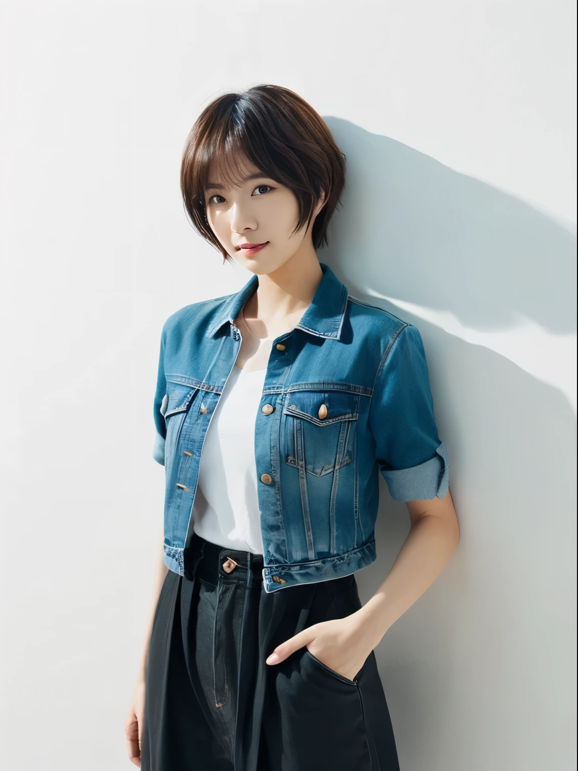 ((masutepiece,top-quality)), (photographrealistic:1.4),((masutepiece,8K)),hight resolution,Studio Soft Light, Rim Lights, vibrant detail, realistic skin textures,Japanese, 1 beautiful woman, Short hair, Wave hair, faint thin bangs, make - up, 38 years, Detailed skin, Denim jacket, wide-leg pants, Standing, White background, White Room,white walls, fully body photo, Looking at Viewer