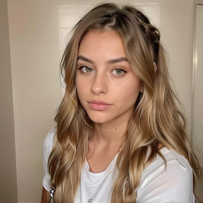 italiana hermosa from 17 years americana old, brown blonde ,rostro angelical y tierna , long hair hairstyle Semi updo with braid and thick waves blonde with light roots , in the bathroom with clothes ,(( foto realista de noche), ((pechos normales )),((rostro angelical)),((foto entera de cuerpo con ropa ),((blonde hair with roots )), ((ropa de noche), cabello rubio ,Ojos castanhos escuros , cuerpo completo ,Realista, un muy elegante, of roots, rubia pelo, con ropa ,de noche,LUT de Instagram, from 17 years old.