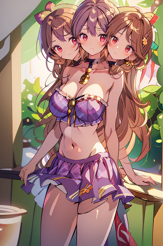 (masterpiece, best quality), best quality, (ultra-detailed), ((3heads:1.5)), 1girl, (sumireko usami:1.3), masterpiece, best quality, ultra quality, ultra resolution, ultra detail, purple plaid top, crop top, ((stomach)), midriff, ((groin)), purple plaid skirt, normal ears, shackles, brown hair, shoulder-length hair, pigtails, very long hair, wavy hair, sidelocks, brown eyes, detailed eyes, parted lips, sweat, cute, open belly, toned belly, hand on own chest, eyelashes, (24 year old woman:1.3), (masterpiece:1.5), (best quality:1.5), (beautiful detailed), extremely detailed CG, extremely delicate and beautiful, depth of field, (finely detailed face), (perfect details:1.2), (mature female:1.3), wide pelvis, slender, large veiny breast, 16k resolution, highres, very high quality, very high definition, extremely detailed, masterpiece, brown hair, long hair, alluring presence, braid, short skirt, close up, very big tits, huge tits, young, fedora, open belly, three headed girl,