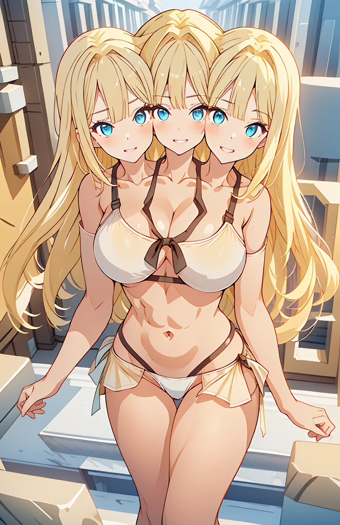 (masterpiece),(ultra-detailed), (high quality), (high resolution), (best quality:1.5, highres, UHD), highres, absurdo, ultra detail, ultra quality, Ultra resolution, 16k, 1girl, (2heads:1.5), girl with two heads, ((blonde hair:1.5)), seductive grin, casual dress, sexy proportions, (exposed midriff), thighs, Beautiful girl with accentuated slender abs, ((seductive posture)), ((white bikini)), ((different hairstyles)), different haircuts, (long hair), ice blue eyes, exposed midriff
