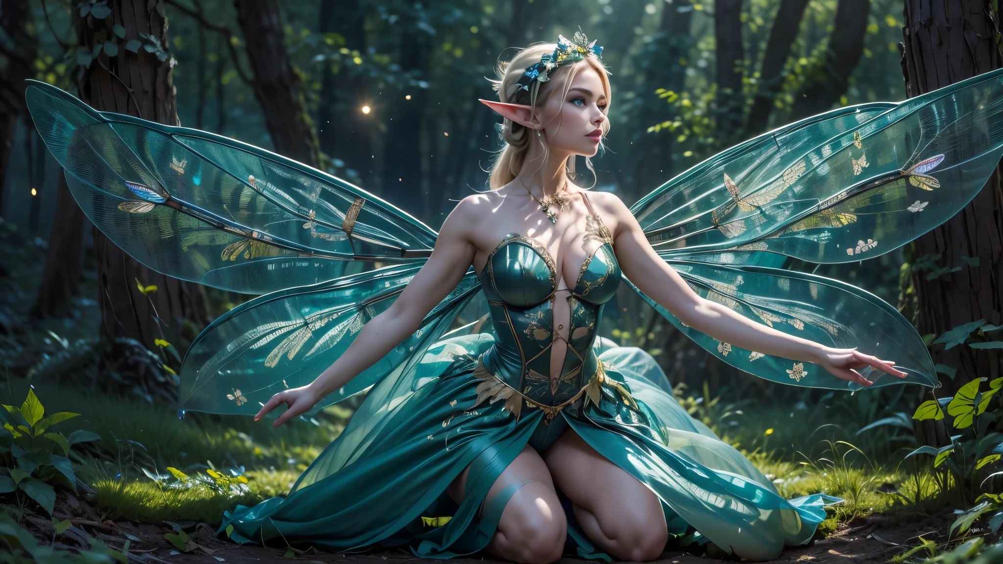 Beautiful faerie woman, elf ears, flying, hovering, floating, centered holographic dragonfly wings, balanced wings, glowing blue eyes, detailed realistic eyes, detailed proportional hand, manicured hands, four fingers on each hand, one thumb on each hand, detailed fingers, proportional fingers, painted fingernails, proportional legs, proportional arms, proportional body, firm ??????, silk tutu, ballet pose, magic glitter, oak tree forest, frank Frazzetta painting style, (Best Quality:1.4), (Ultra-detailed), (extremely detailed CG unified 8k wallpaper), Highly detailed, RAW Photos, Professional Photography, plein air, Illumination, (Super fancy photos:1.4), (Dazzling light), Radiant Photography, depth of fields,