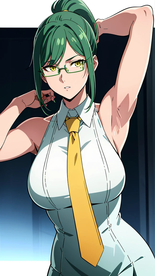 (best quality:1.5, highres, UHD, 4K, detailed eyes, detailed lighting, detailed hair, shaders), green hair, ponytail, cool woman, cool girl, sharp eyes, yellow eyes, beautiful, large breasts, formal suit, sleeveless, necktie, glasses, armpits, detailed armpits