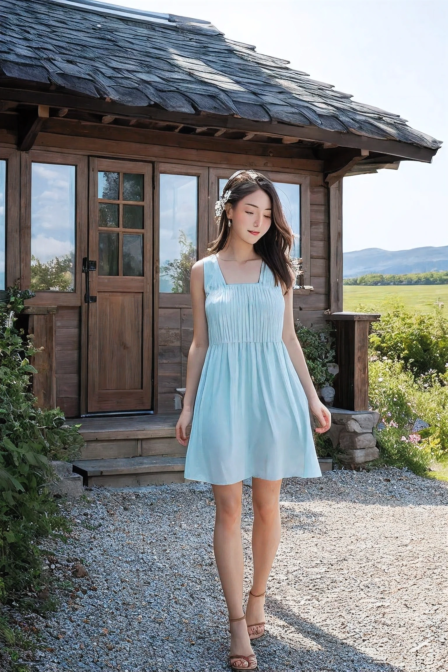 A beautiful woman with light delicately filtering through her hair, her summer dress is beautiful and she's standing in front of a cottage
