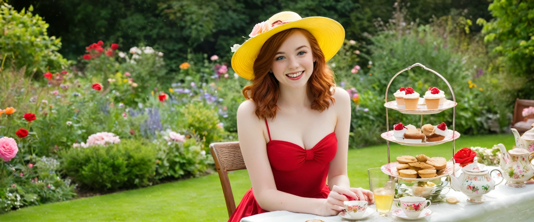 1950s English Garden Gathering (Location: Surrey): Picture a 18 year old girl with auburn hair, wearing a red micro bikini, hosting a whimsical garden tea in Surrey. The garden is filled with vintage teacups, beautiful yellow roses, elaborate hats, and the laughter of friends. Capture the idyllic scene in nostalgic color palette, adding a touch of English charm to the Surrey countryside.

