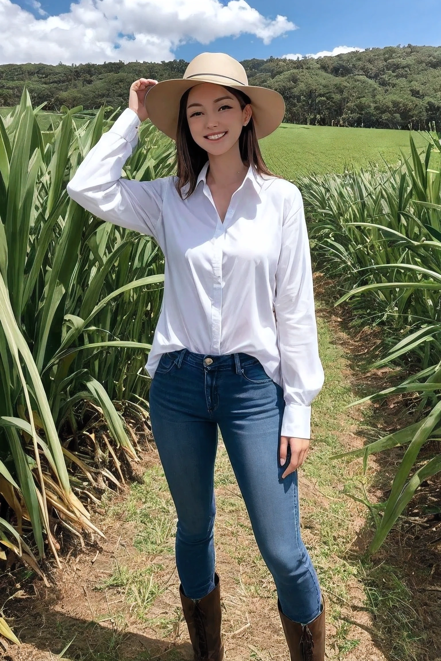 An agronomist woman dressed in jeans and a white long-sleeved shirt, sun hat, and boots, is in a sugar cane field with sunny weather. There are not many clouds in the sky, which is blue. The image should be realistic and in 8k resolution.