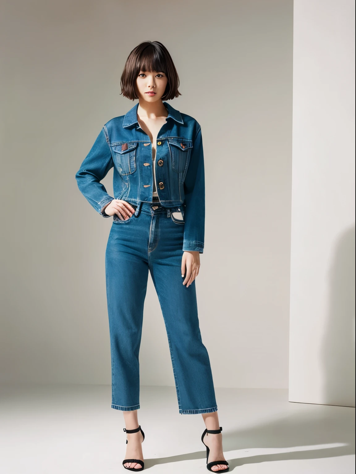 ((masutepiece,top-quality)), (photographrealistic:1.4),((masutepiece,8K)),hight resolution,Studio Soft Light, Rim Lights, vibrant detail, realistic skin textures,Japanese, 1 beautiful woman, Short hair, Wave hair, faint thin bangs, make - up, 38 years, Detailed skin, Denim jacket, wide-leg pants, Standing, White background, White Room,white walls, fully body photo, Looking at Viewer