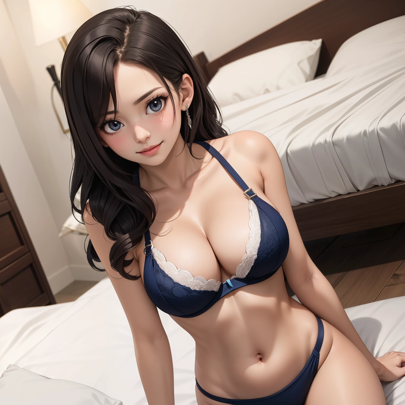 Rebecca Bluegarden, Woman 25 years old, cabello rubio ceniza, ojos azules como zafiros, pechos grandes, detailed light blue bra and panties, gotas de sudor en su pecho, manos perfectas, fondo una cama lujosa, rubia, pelo rubio, mujer de cabello ubio ceniza.1 sola chica, mujer sola. sonrisa, rubor. gotas de sudor en su pecho.