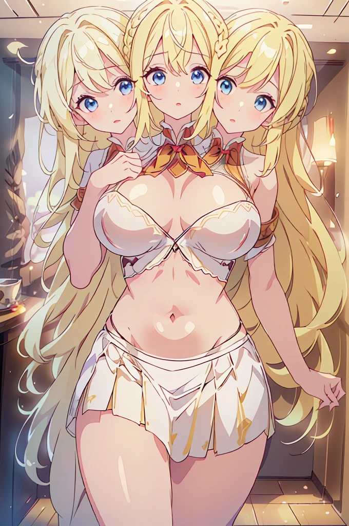 (masterpiece, best quality),best quality, best resolution, (ultra-detailed), (3heads:1.5), 1girl, (lily white:1.3), masterpiece, best quality, ultra quality, ultra resolution, ultra detail, white top, crop top, ((stomach)), midriff, ((groin)), white skirt, normal ears, shackles, yellow hair, very long hair, wavy hair, sidelocks, blue eyes, very detailed eyes, very beautiful eyes, parted lips, sweat, cute, open belly, toned belly, hand on own chest, eyelashes, (23 year old woman:1.3), (masterpiece:1.5), (best quality:1.5), (beautiful detailed), extremely detailed CG, extremely delicate and beautiful, depth of field, (finely detailed face), (perfect details:1.2), (mature female:1.3), wide pelvis, slender, large veiny breast, 16k resolution, highres, high quality, high definition, extremely detailed, masterpiece, yellow hair, long hair, alluring presence, braid, short skirt, close up, very big tits, huge tits, young, exposed midriff,