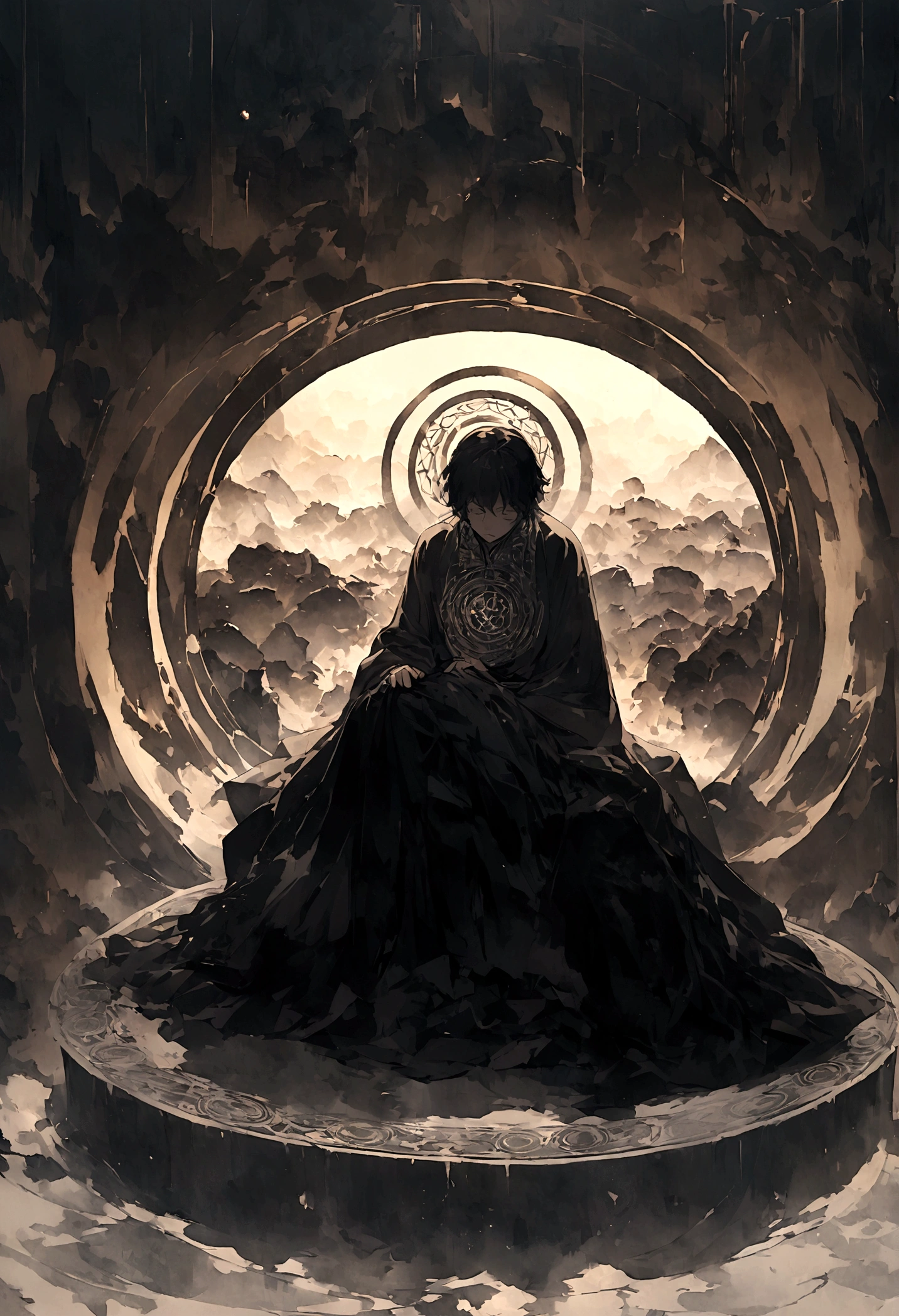 Ten Aspects of Longevity,A boy in the void,Curled up position,There are ten magic circles around the boy.,