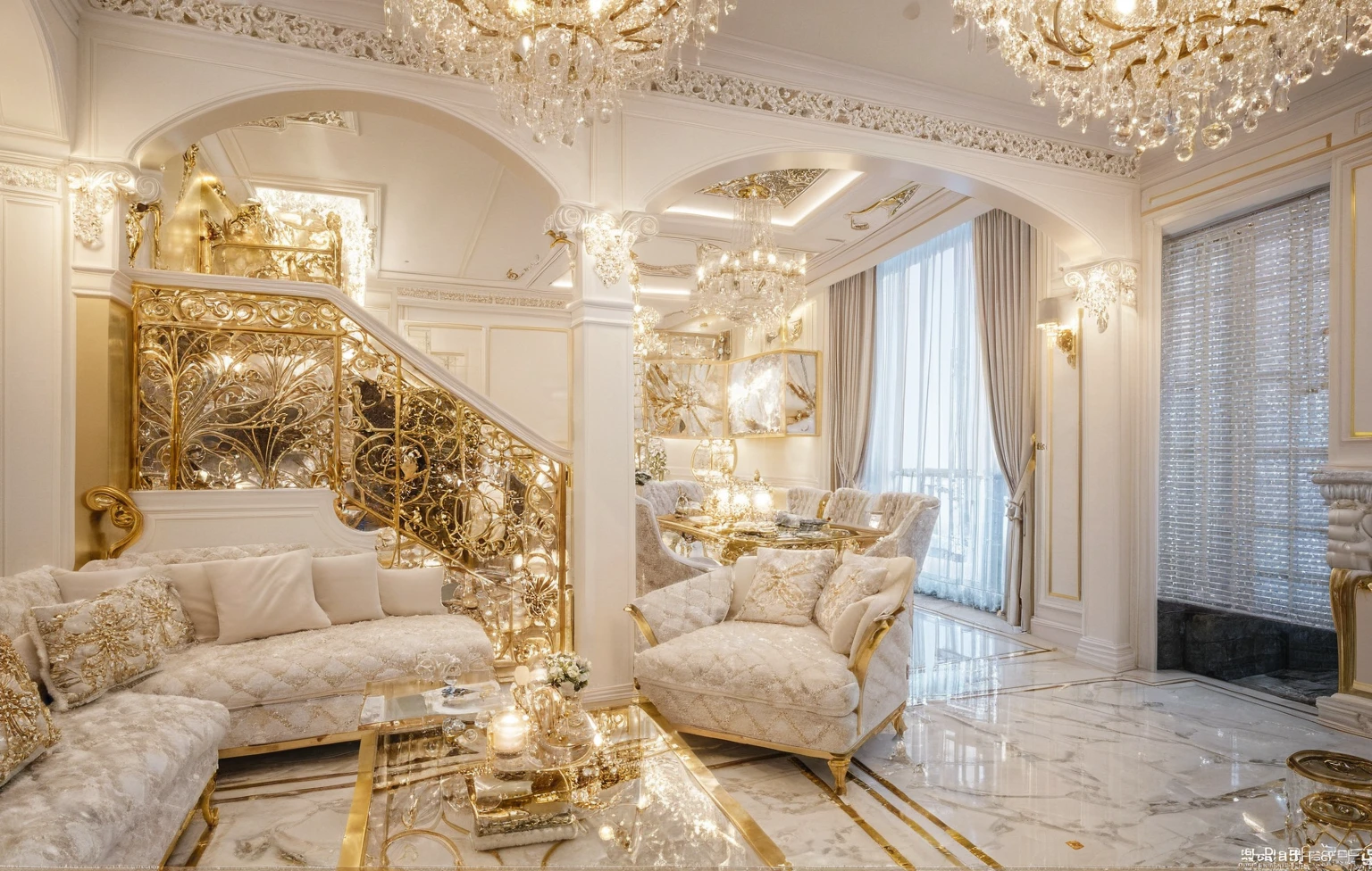 ,Masterpiece, Best quality,8K, Ultra-high resolution,When you step into the living room,Immediately surrounded by a rich atmosphere of luxury。Ornate crystal chandeliers hang high on the wall,Shine brightly。The sofa was covered with a soft white fluffy blanket,It is so comfortable,So much so that you can't help but indulge in it。In the corner of the living room is a delicate coffee table,Embellished with precious porcelain and champagne gold ornaments。Whenever it is late afternoon,The afterglow from the window spilled on the floor,Soft light and shadow are reflected,It was as if entering a dreamland。