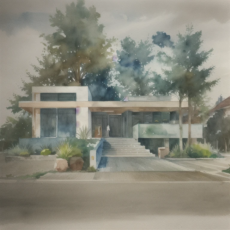 miaobishenghua , ArchiZHS, architecture building, many trees, street, people, car, watercolor style