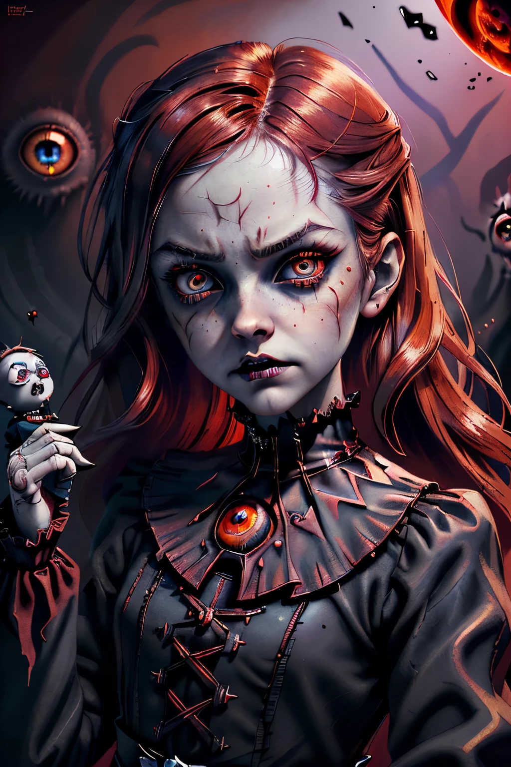 The Red Queen is a computer system evilness,appearence a  girl.red hologram((portrait: 1 girl))angry expression, pixar style, Dark, Negative, twisted, weird, (Big super-detailed eyes, Children's doll eyes), dark makeup under the eyes, mysterious background,Emma Watson, But Tim Burton