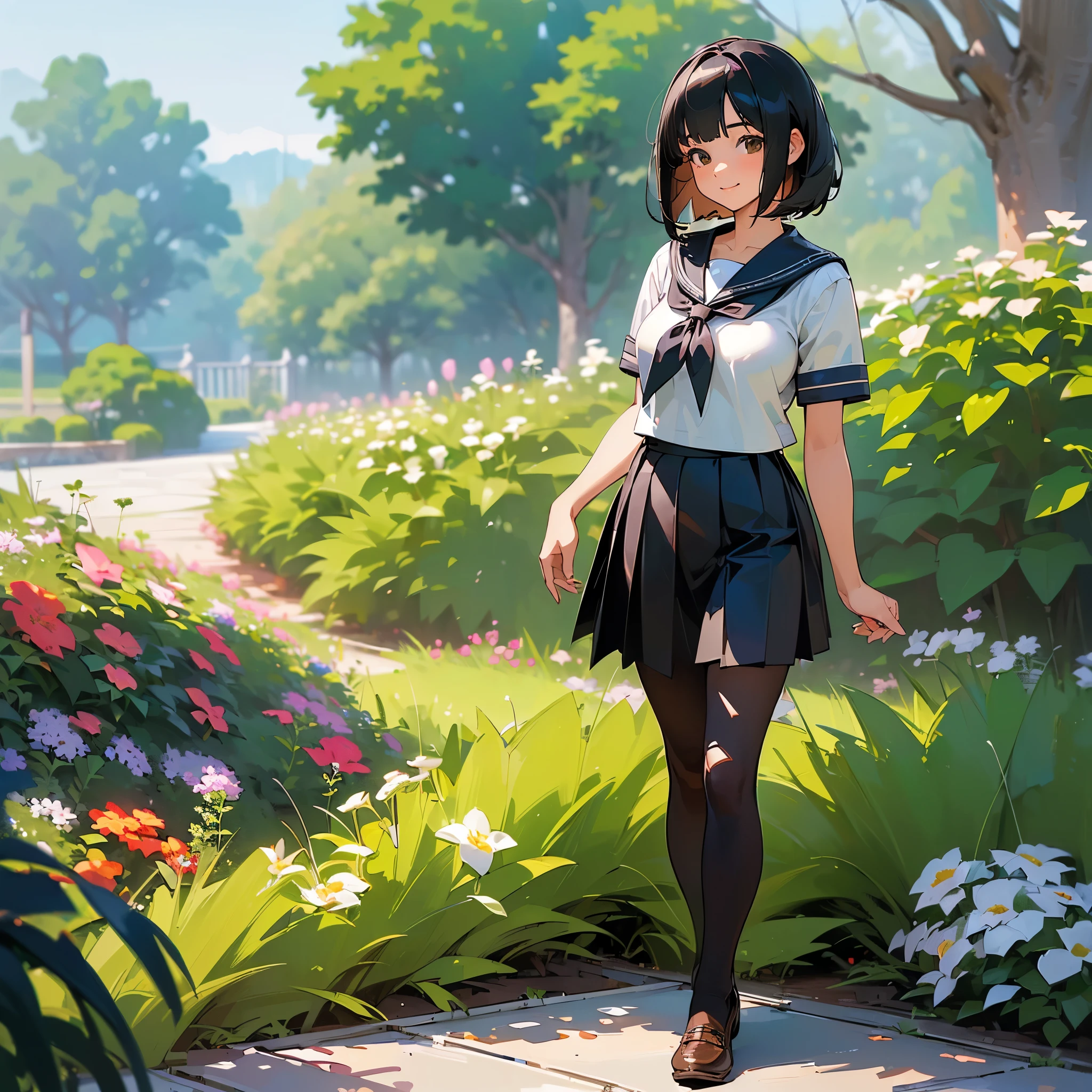 (highest quality, High resolution, Super detailed, Realistic:1.37), Peaceful atmosphere, (Outdoor, garden), Teenage girl standing alone,(my breasts are big.),Beautifully detailed features, Cute Smile, ((Black bob hair)),Short-sleeved sailor uniform, Pleated skirt,Black tights,Brown leather shoes.