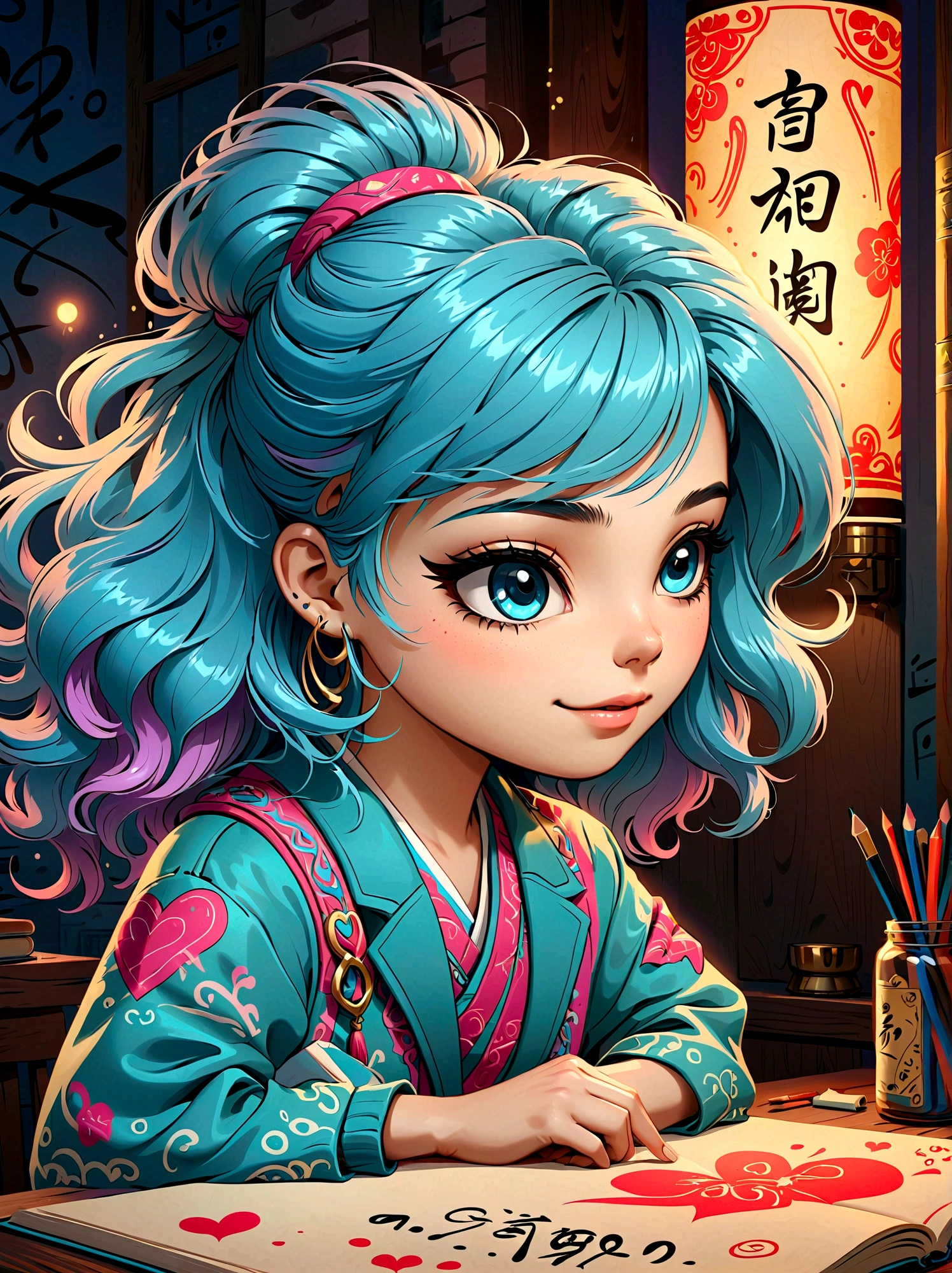 Graffiti style,Cartoon Characters,Vector illustration,Romantic ancient style,Night flashes,Elegant and simple,1girl,Macro Photography,pause,Rolled up rice paper with calligraphy written on it,High Angle Shot,Depth of Field,Bioluminescence,Chen Jia Leng,Quiet atmosphere,excellent,Fine details,Icon,Fluorescent Color,Anime Characters,Backlight,The book is busy,The heart is shining,Beige tones,Concept Design,Decorative illustrations,rich,Micro Rendering,light , 1kexx1