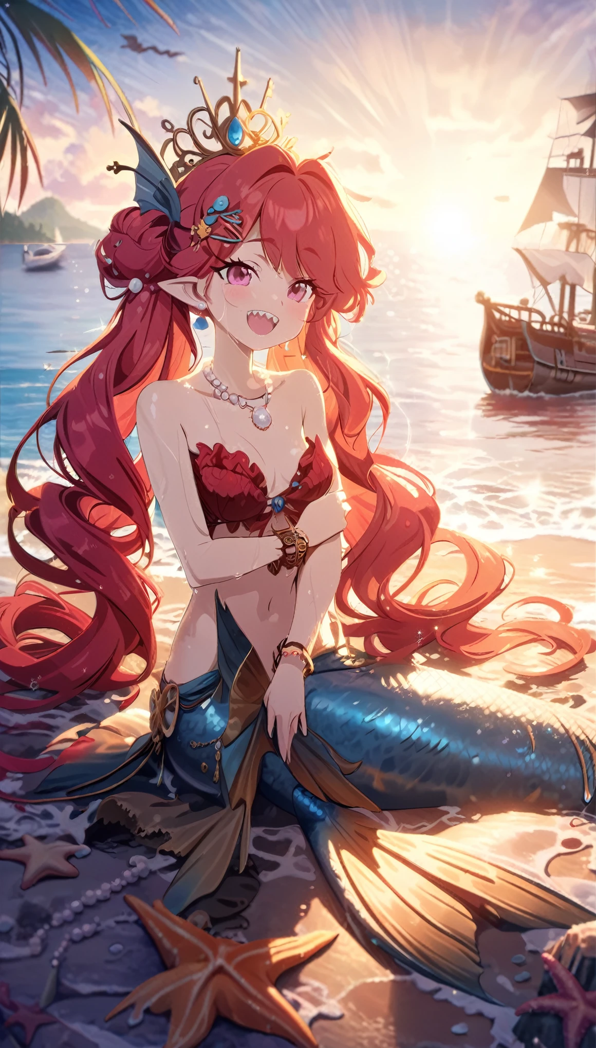 (best quality,4k,8k,highres,masterpiece:1.2),ultra-detailed, drawn in anime style, Pretty 15 years old princess magically transformed into a beautiful mermaid, race swap, fantastic transformation, steampunk, fish like, wet body, dominant shades of red, long and detailed mermaid tail with shimmering red fish scales, fins ears, very long pigtails red hair that sparkles in the light, sharp teeth, is smiling, pink eyes, small breast, long pelvic and dorsal fins, pair of fish gills on her neck and torso, red shell bra, starfish hair clips, pearl earrings and bracelets, pearl necklace, hair ribbons, gold tiara, embracing her new life has a mermaid, joyful expression, sitting on a rock, sandy beach, brushing her hair, ocean waves,sparkling water,coconut trees,seagulls,vibrant colors,magical glow,shimmering scales,sea breeze,warm sunlight,joyful expression,island paradise,lush tropical plants,dynamic composition,soft and smooth lines,expressive facial features,gentle water reflections,serene atmosphere, Highly detailed, masterpiece, high quality, 4K