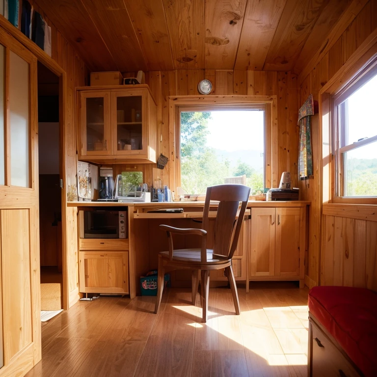 girl sitting on chair, arms behind back, cabin interior,