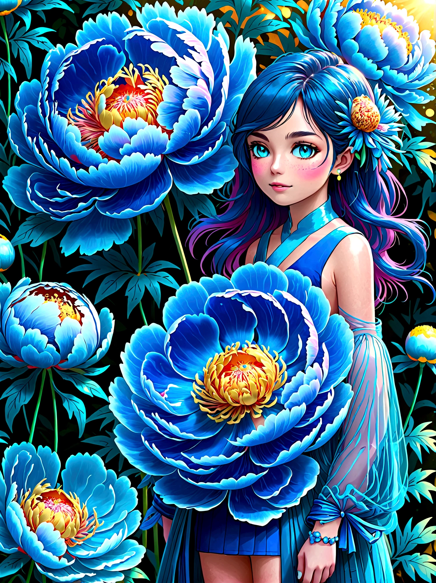(masterpiece,Best quality:1.2,lifelike:1.4),Cartoon Characters,Vector illustration,(1 Girl,Half Body),Exquisite facial features,Detailed eye drawing,eyelash,Blush,Long hair,Exquisite makeup,Beautiful pearls on the head,blue华丽的汉服,Garden background blurred,concise,Glowing Butterfly,(blue:1.3),(Giant peony flower:1.3), 1kexx1