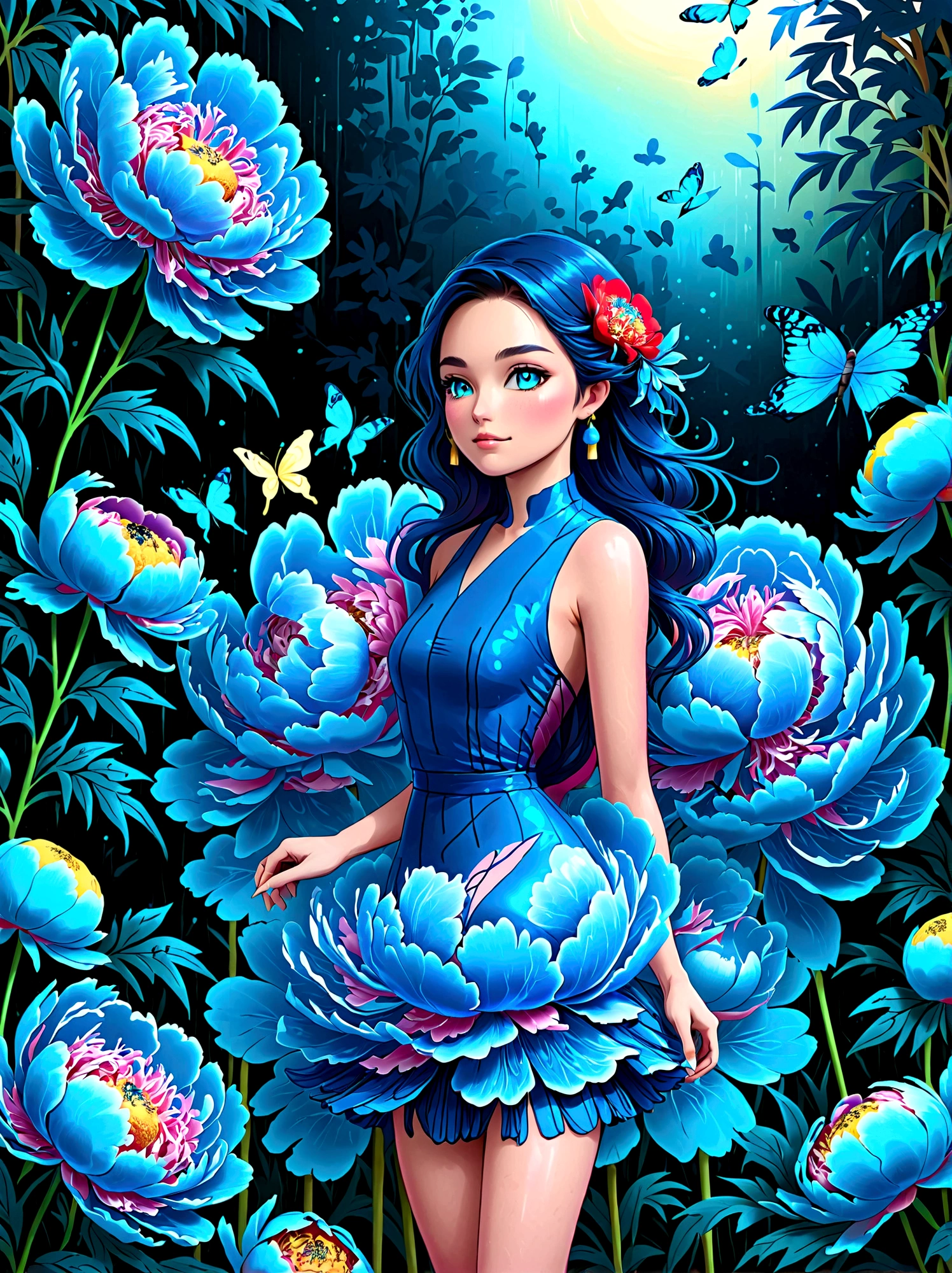 (masterpiece,Best quality:1.2,lifelike:1.4),Cartoon Characters,Vector illustration,(1 Girl,Half Body),Exquisite facial features,Detailed eye drawing,eyelash,Blush,Long hair,Exquisite makeup,Beautiful pearls on the head,blue华丽的汉服,Garden background blurred,concise,Glowing Butterfly,(blue:1.3),(Giant peony flower:1.3), 1kexx1