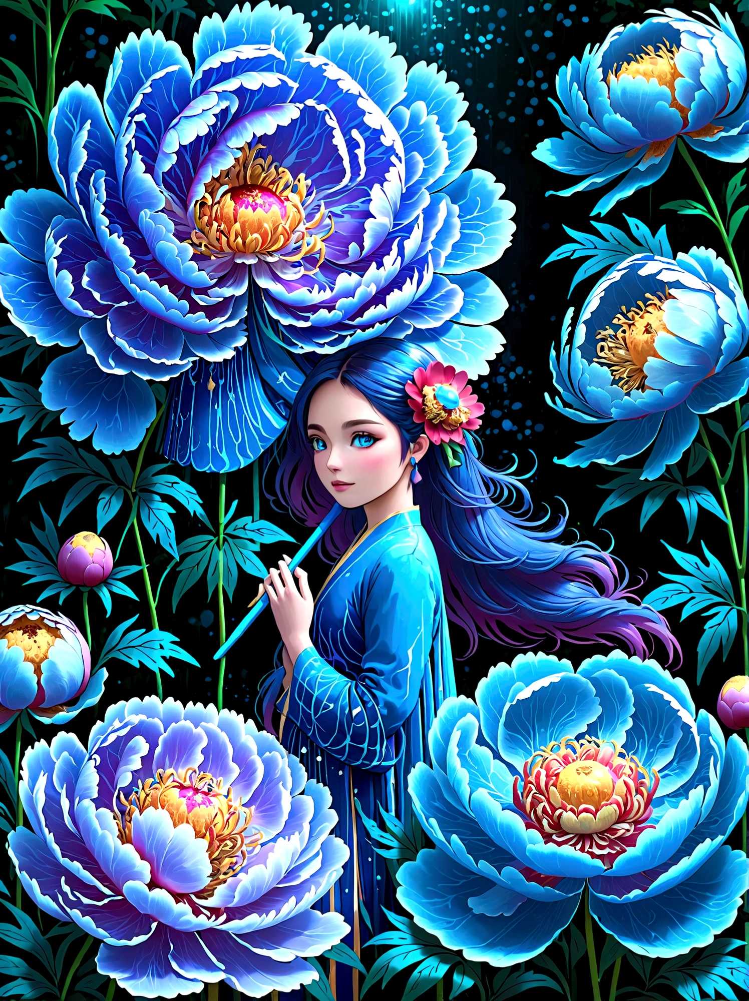 (masterpiece,Best quality:1.2,lifelike:1.4),Cartoon Characters,Vector illustration,(1 Girl,Half Body),Exquisite facial features,Detailed eye drawing,eyelash,Blush,Long hair,Exquisite makeup,Beautiful pearls on the head,blue华丽的汉服,Garden background blurred,concise,Glowing Butterfly,(blue:1.3),(Giant peony flower:1.3), 1kexx1