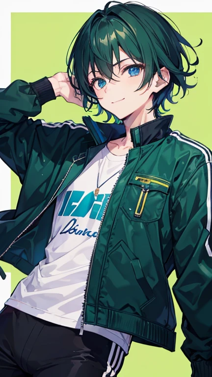 dark green medium hair,otoko no ko,male focus,1boy,solo,looking at viewer,jacket,long sleeves,smile,hair between eyes,pants,bangs,blue jacket,bike pants,simple background,blue eyes