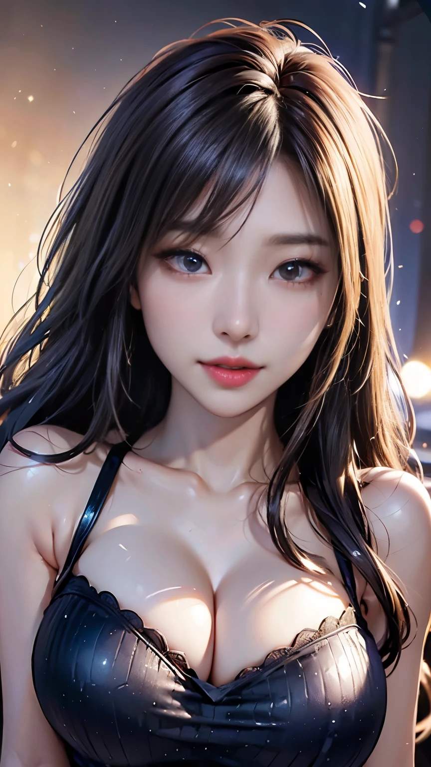 (logo, masterpiece, 8K, Tabletop, RAW Photos, wonderful, 最high quality, Photorealistic and very detailed CG composite 8k wallpaper, high quality, Very detailed, Narrative poem, Particle Effects, Dynamic Effects, Depth of the Boundary, What is written i, Cinematic Light, Lens flare, Ray Tracing), high detail skin, (very fine, fine skin texture, intricate details, beautiful face, (realistic face), realistic eyes, beautifully detailed eyes, realistic skin, beautiful skin, surreal, very detailed Golden ratio, smiling eyes, ((night moonlight background) )), body portrait, G cup, big breasts, huge breasts, big breasts, glamorous, sexy knit dress,