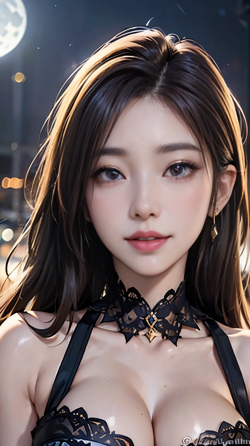 (logo, masterpiece, 8K, Tabletop, RAW Photos, wonderful, 最high quality, Photorealistic and very detailed CG composite 8k wallpaper, high quality, Very detailed, Narrative poem, Particle Effects, Dynamic Effects, Depth of the Boundary, What is written i, Cinematic Light, Lens flare, Ray Tracing), high detail skin, (very fine, fine skin texture, intricate details, beautiful face, (realistic face), realistic eyes, beautifully detailed eyes, realistic skin, beautiful skin, surreal, very detailed Golden ratio, smiling eyes, ((night moonlight background) )), body portrait, G cup, big breasts, huge breasts, big breasts, glamorous, sexy knit dress,