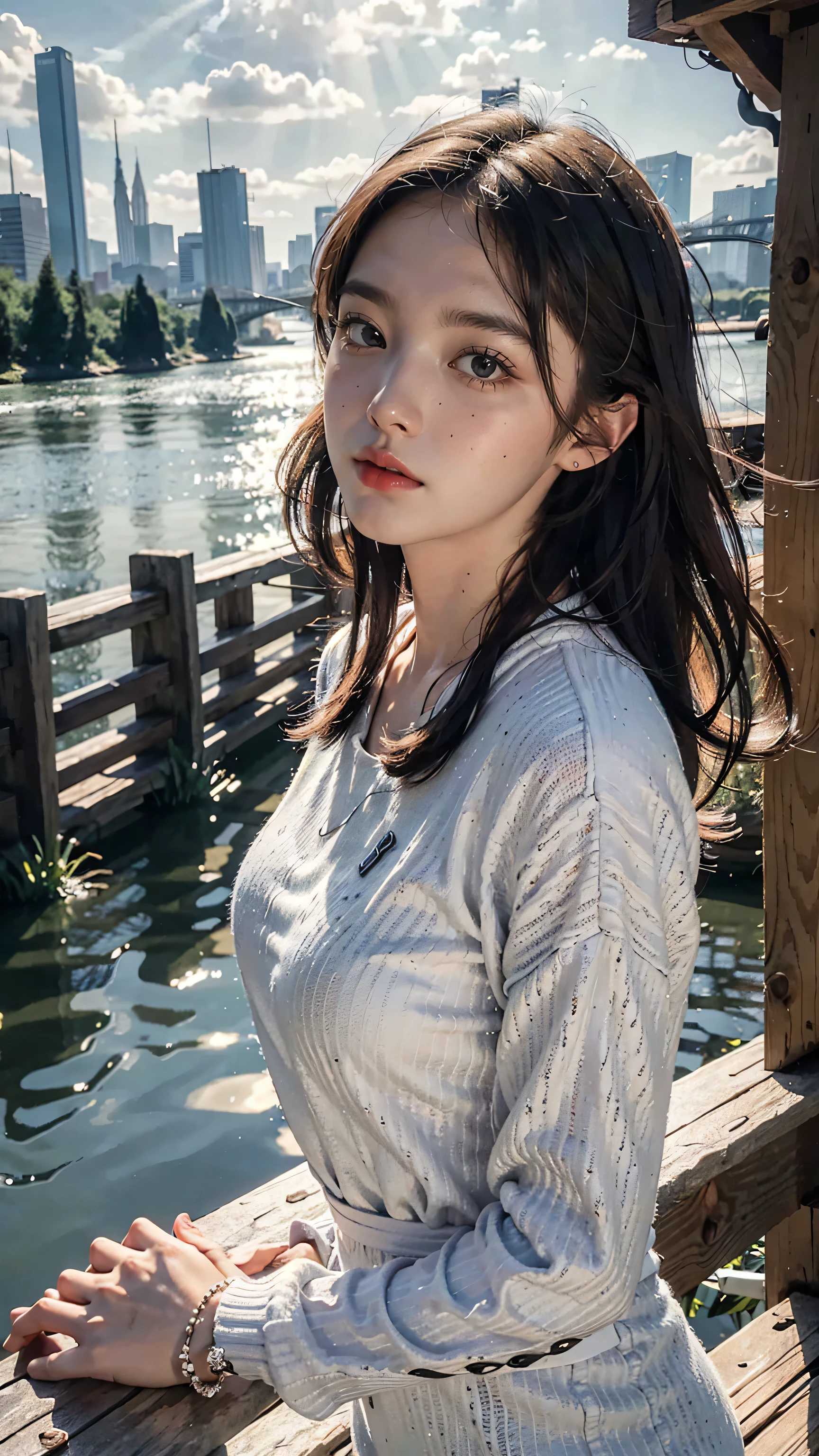 best quality, masterpiece, photo realistic, intricate details, raw photo, photon rendering, octane render, absurdres, ultra detailed, detailed face, detailed skin, trending on artstation,8k masterpiece,cinematic lighting, scenery, scenery, no humans, cityscape, sky, city, cloud, outdoors, building, sunset, city lights, bridge, river, tree, roadn, artist name,