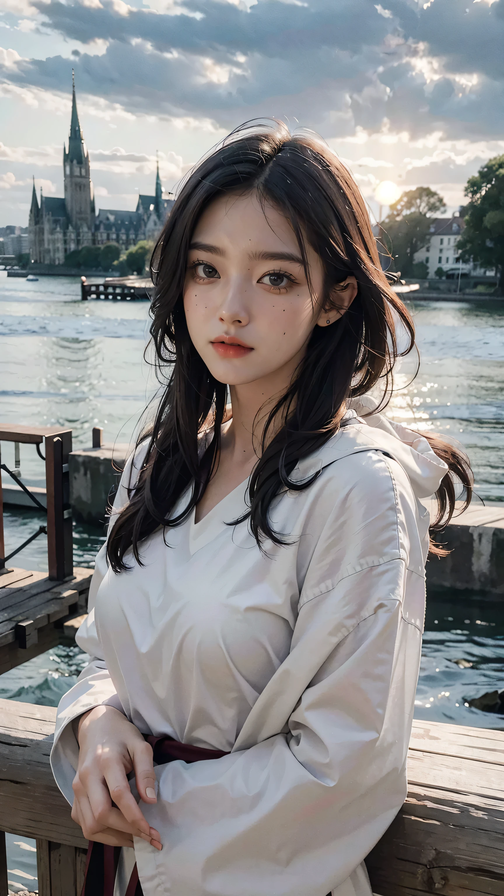 best quality, masterpiece, photo realistic, intricate details, raw photo, photon rendering, octane render, absurdres, ultra detailed, detailed face, detailed skin, trending on artstation,8k masterpiece,cinematic lighting, scenery, scenery, no humans, cityscape, sky, city, cloud, outdoors, building, sunset, city lights, bridge, river, tree, roadn, artist name,