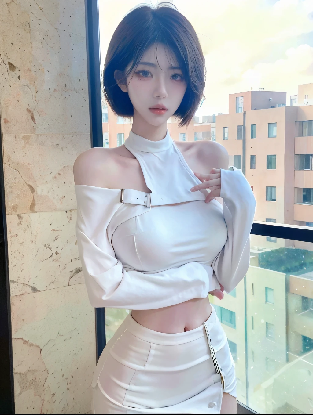 Beautiful woman with perfect figure:1.4,Layered hairstyle,White skin,Prominent cleavage,Bikini:1.5,Super short pleated skirt,whole body,Very delicate facial and skin texture,Double eyelids,Skin Whitening,Long white hair
