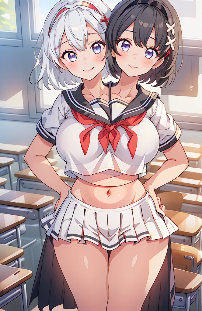 (masterpiece),best quality:1.5, ultra-detailed, high resolution, high quality, 16K, ((2heads:1.5)), ((black hair)), ((white hair)), (different hair colors), (1girl), conjoined twins, ((white seifuku crop top:1.5)), bow ties, crop top. (mini skirt with pleats), classroom, (gold eyes), (silver eyes), (different eye colors), short hair, student miniblouse, (headband), gentle smile, open belly, exposed midriff, huge tits