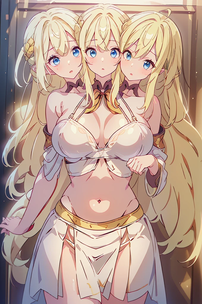 (masterpiece, best quality),best quality, best resolution, (ultra-detailed), (3heads:1.5), 1girl, (lily white:1.3), masterpiece, best quality, ultra quality, ultra resolution, ultra detail, white top, crop top, ((stomach)), midriff, ((groin)), white skirt, normal ears, shackles, yellow hair, very long hair, wavy hair, sidelocks, blue eyes, very detailed eyes, very beautiful eyes, parted lips, sweat, cute, open belly, toned belly, hand on own chest, eyelashes, (23 year old woman:1.3), (masterpiece:1.5), (best quality:1.5), (beautiful detailed), extremely detailed CG, extremely delicate and beautiful, depth of field, (finely detailed face), (perfect details:1.2), (mature female:1.3), wide pelvis, slender, large veiny breast, 16k resolution, highres, high quality, high definition, extremely detailed, masterpiece, yellow hair, long hair, alluring presence, braid, short skirt, close up, very big tits, huge tits, young, exposed midriff,
