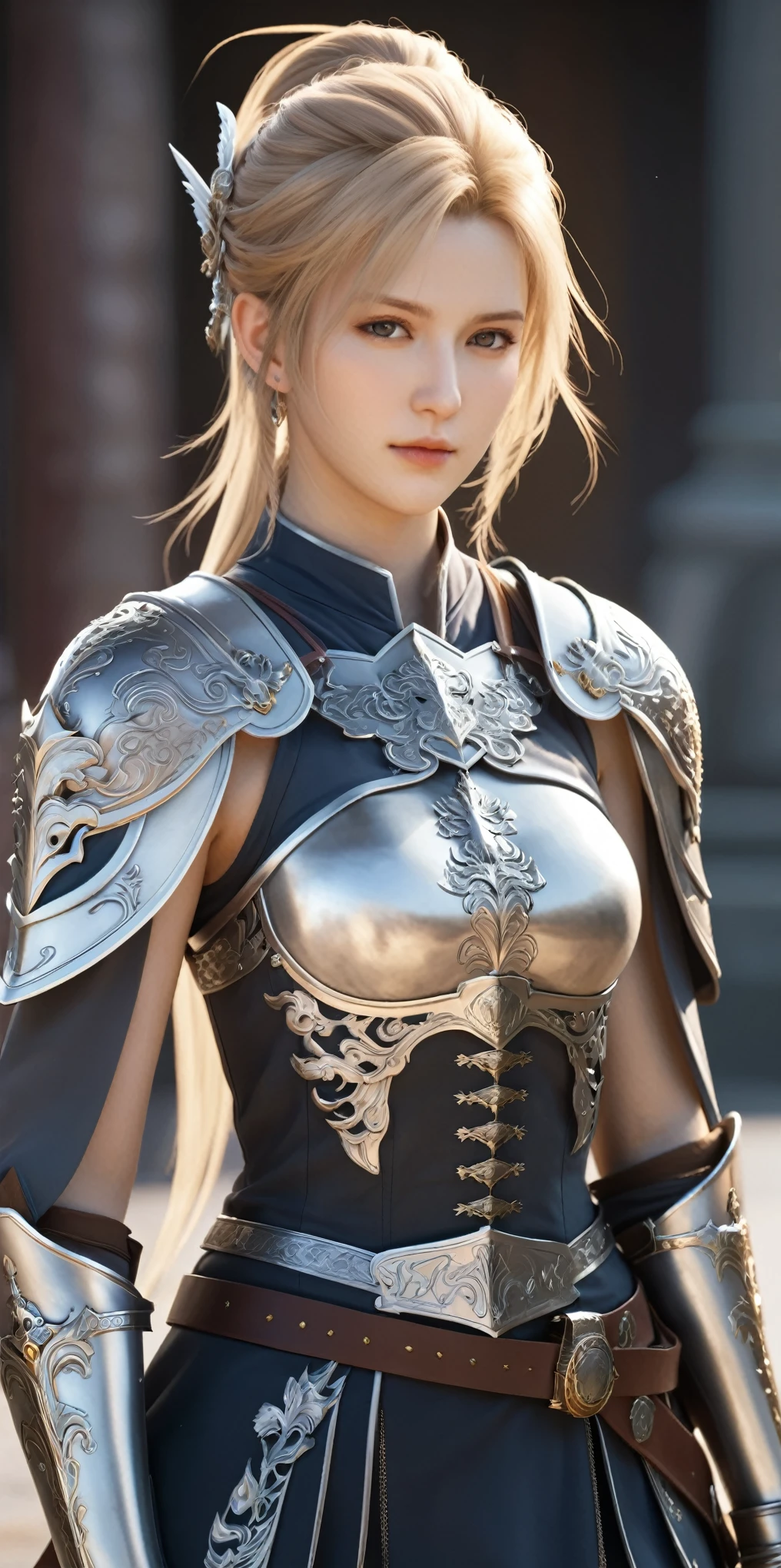 (8k, highest quality, masterpiece, final fantasy style: 1.2), (Realistic, photoRealistic: 1.37), Super detailed, One Girl, Paladin with a sword imbued with light, Wide viewing angles, huge firm bouncing bust, Very delicate depiction, Miniature painting, Detailed depiction of the face, Detailed depiction of hair, Accurate skeleton, Dress with intricate patterns, Complicated armor, long thick sword