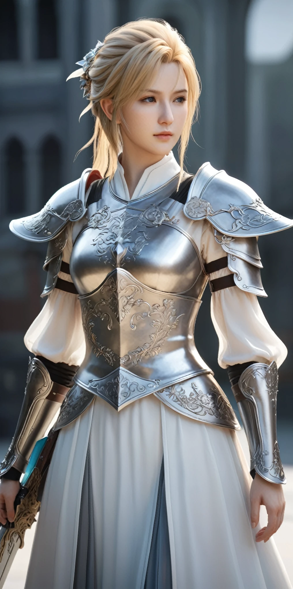 (8k, highest quality, masterpiece, final fantasy style: 1.2), (Realistic, photoRealistic: 1.37), Super detailed, One Girl, Paladin with a sword imbued with light, Wide viewing angles, huge firm bouncing bust, Very delicate depiction, Miniature painting, Detailed depiction of the face, Detailed depiction of hair, Accurate skeleton, Dress with intricate patterns, Complicated armor, long thick sword