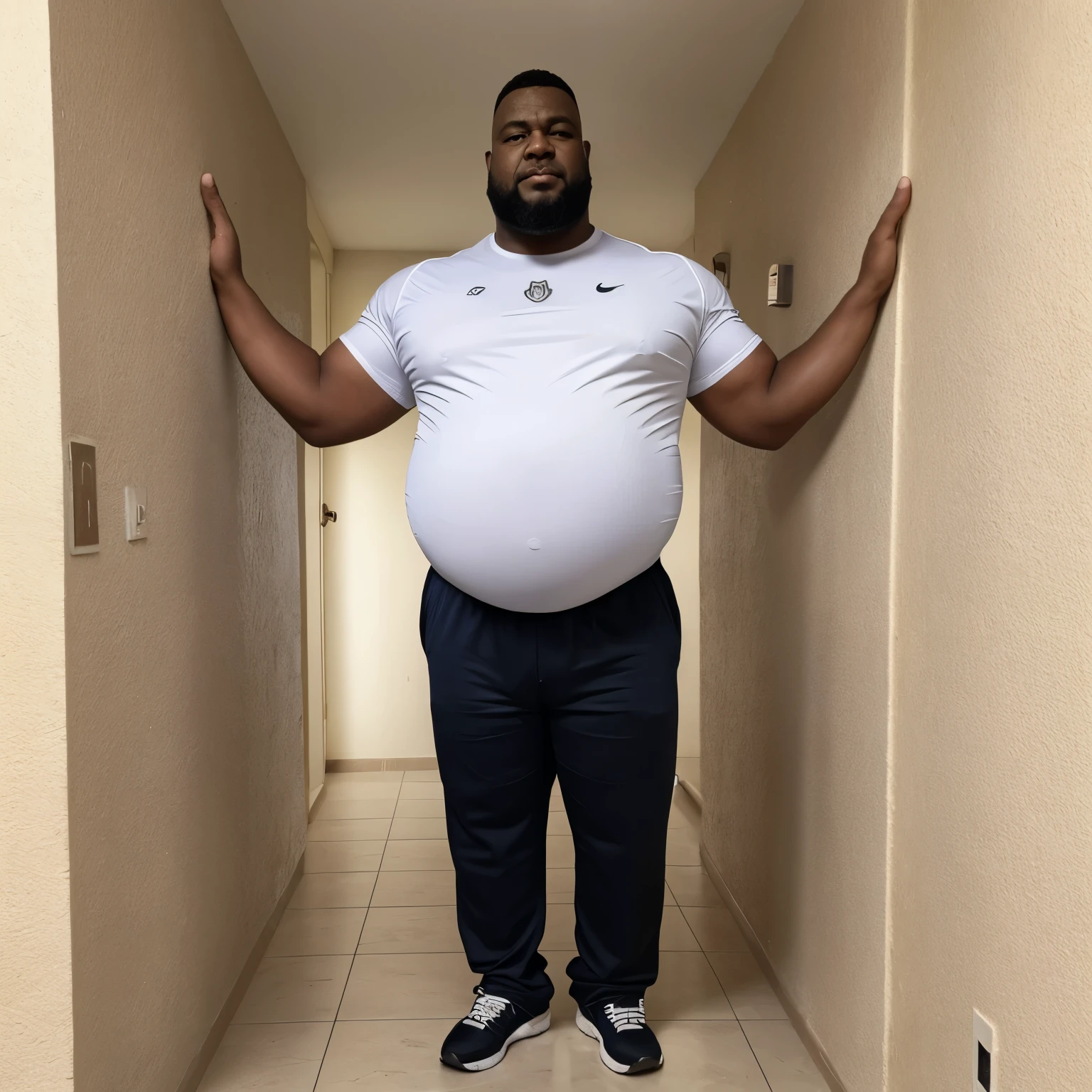 (8K Graphic Art) (fondo de un pasillo estrecho): Un solo hombre africano calvo sin pelo, cacheton gigante, obeso, muy barrigon, serio, 60 year old grumpy 35 meter tall bodyguard with a huge belly, corpulento de barriga con una forma redonda con un cuerpo obeso completo, standing in a hallway with a huge distended belly sticking out to the side like a huge beach ball, usando una camisa blanca uniforme, Long pants, gafas de sol con vientre enorme globo hinchado de 800 libras pesado lleno de mucha cerveza con una enorme barriga colgando entre sus rodillas, with his arms supporting his father&#39;s stomach 