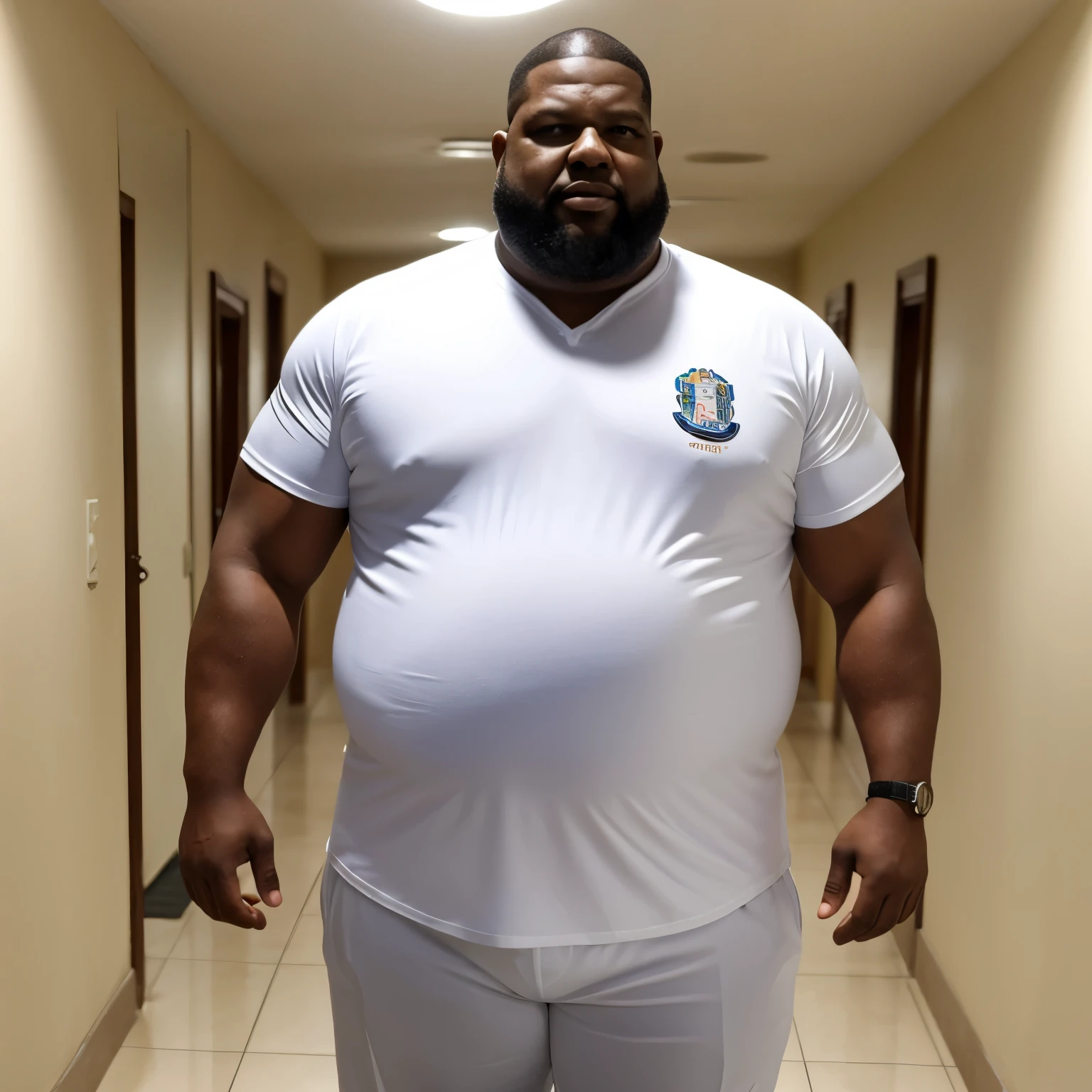 (8K Graphic Art) (fondo de un pasillo estrecho): Un solo hombre africano calvo sin pelo, cacheton gigante, obeso, muy barrigon, serio, 60 year old grumpy 35 meter tall bodyguard with a huge belly, corpulento de barriga con una forma redonda con un cuerpo obeso completo, standing in a hallway with a huge distended belly sticking out to the side like a huge beach ball, usando una camisa blanca uniforme, Long pants, gafas de sol con vientre enorme globo hinchado de 800 libras pesado lleno de mucha cerveza con una enorme barriga colgando entre sus rodillas, with his arms supporting his father's stomach