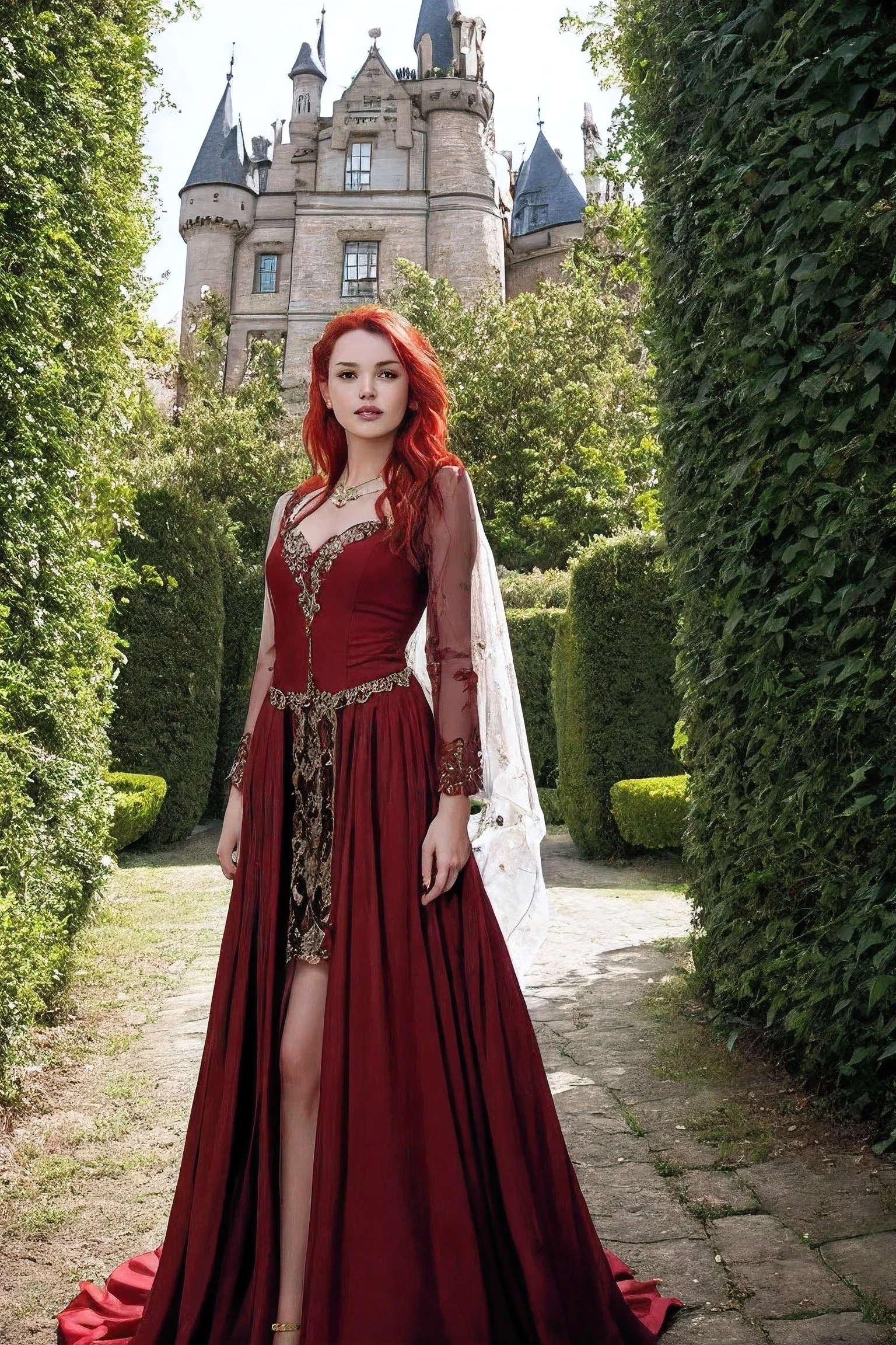 realistic photography , Beautiful woman with red hair in an enchanted castle