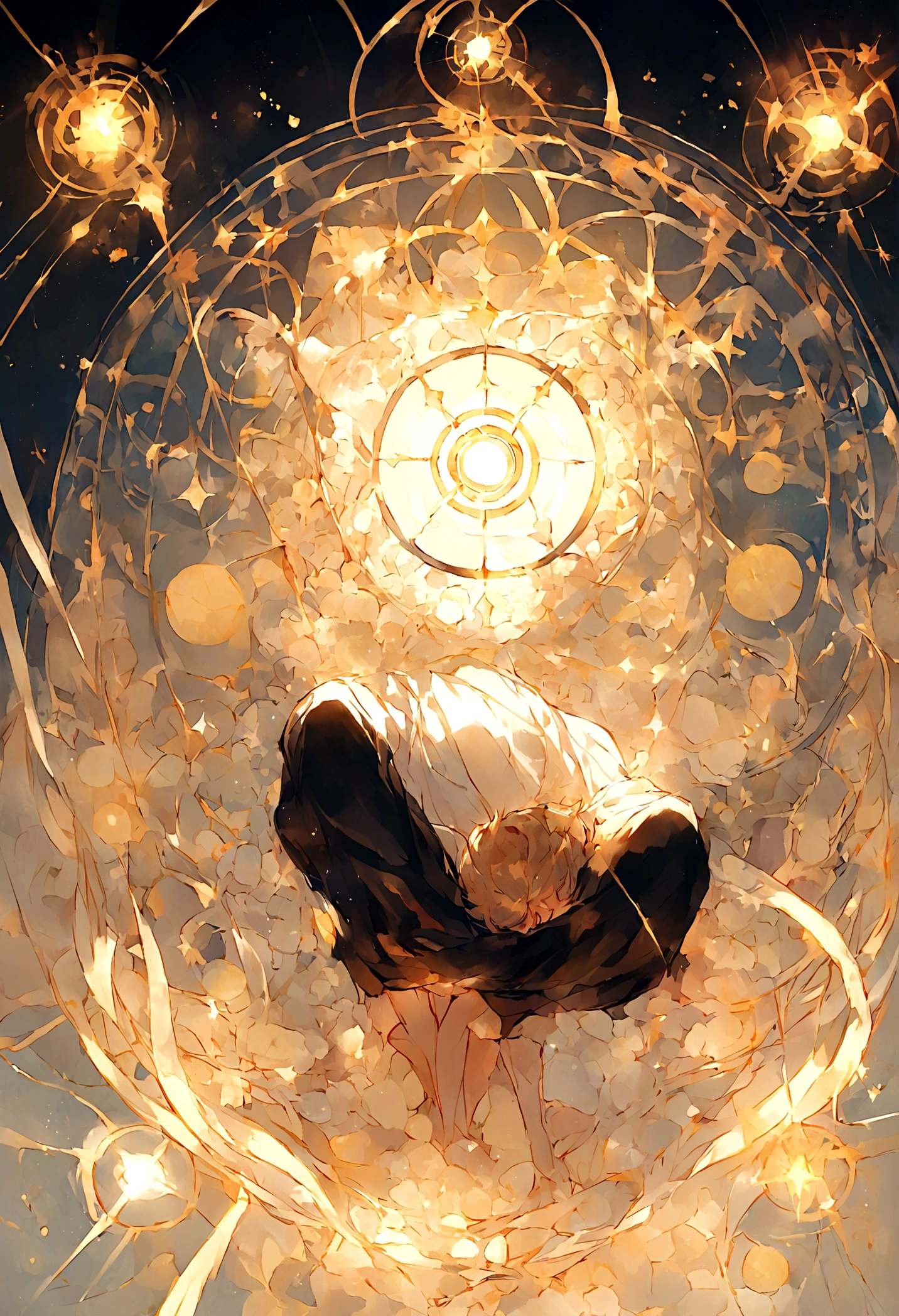 Ten Aspects of Longevity,A boy in the void,Curled up position,There are ten magic circles around the boy.,Sunny bright background